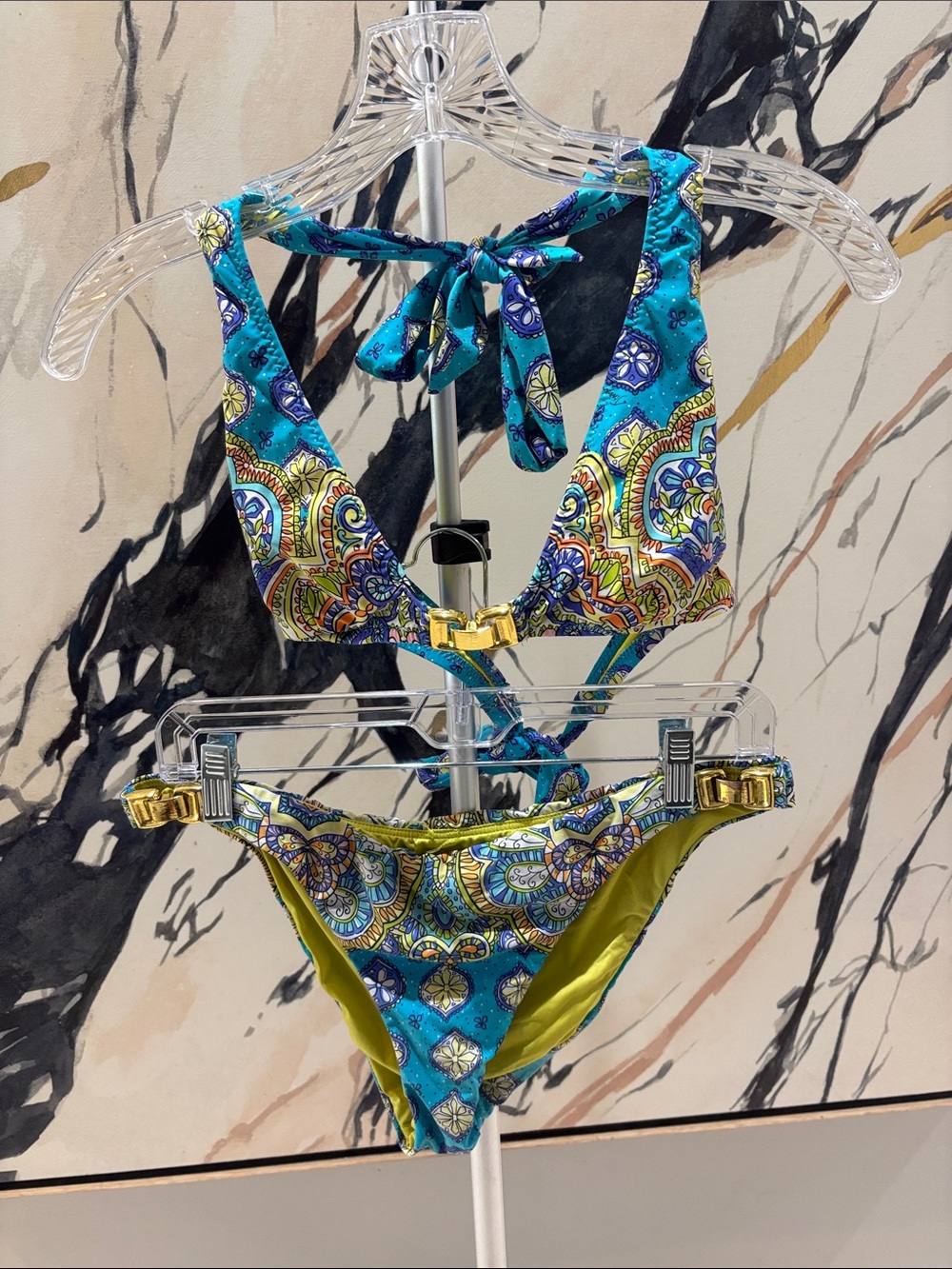 Trina Turk Turquoise Blue & Lime Green Paisley Bikini Set